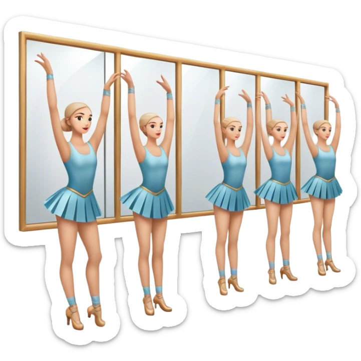 Icon for Choreography: a group of dancers in identical poses by a wall with mirrors, holding a long barre with one hand, and a teacher standing at the side. The icon should represent the discipline, synchronization, and guidance in dance training. Transparent background. sticker