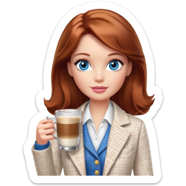 A Barbie girl with blue eyes, shoulder-length reddish-brown hair, made-up, wearing a white tweed jacket and a white skirt, with a glass of coffee in her hands sticker
