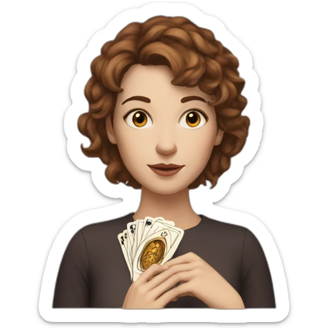 White Woman, brown eyes, with short brown messy hair with tarot card in her hands sticker