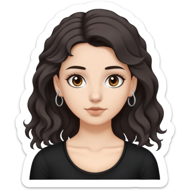 White girl with brown eyes, with septum piercing and a black top, with hair dark brown with grey at the back (semi curl hair)  sticker