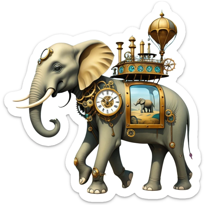 solarpunk steam-punk - surreal elephants from Salvador Dali's paintings in a dreamscape sticker