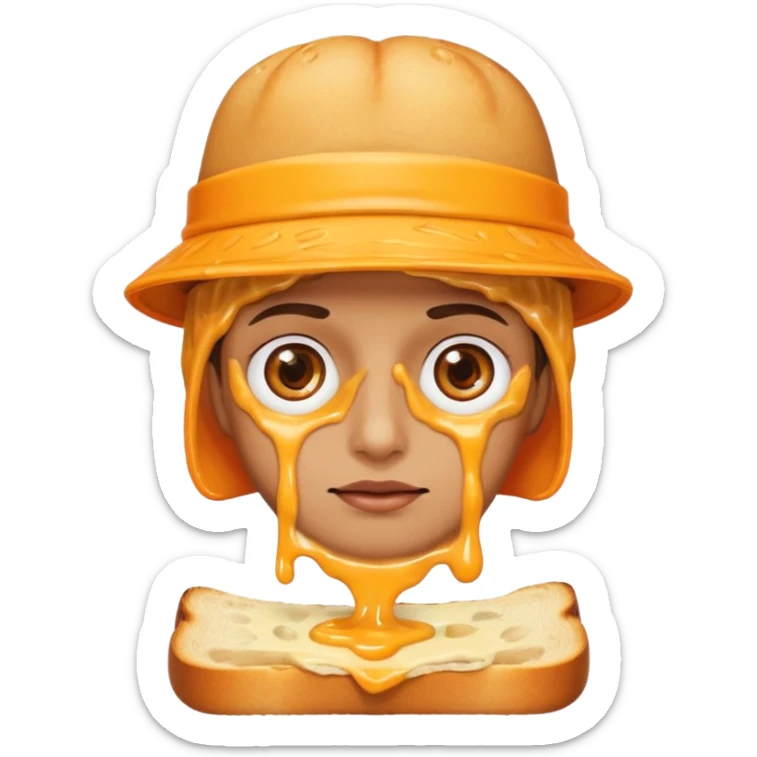 a toastie with melted cheese on the rim and an orange hat and two eyes in left  sticker