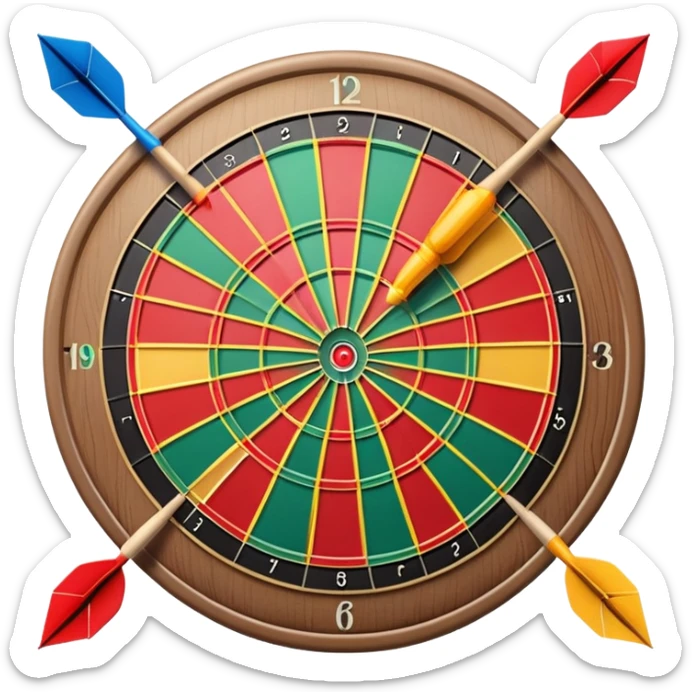 A dartboard with darts firmly stuck in the bullseye, surrounded by the colorful sections of the target. The background conveys a competitive atmosphere, with a subtle focus on precision and skill in the game of darts. sticker
