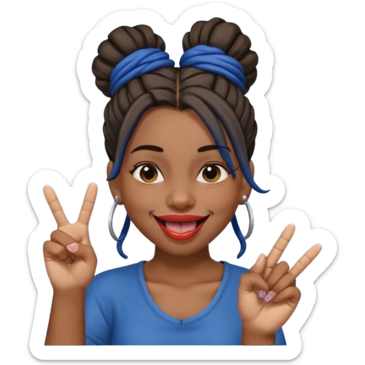 brown girl with dark blue dreads all in a bun with tongue out giving middle finger sticker