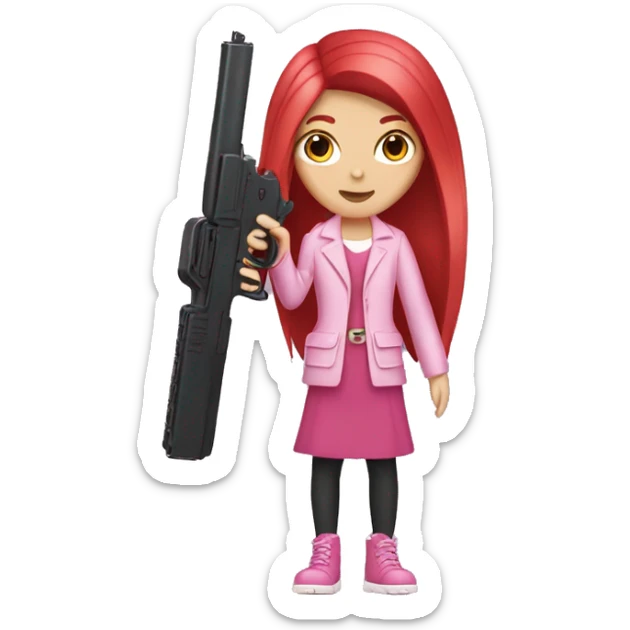 White Girl with dark long straight red hair and hand pink nails holding pink gun sticker