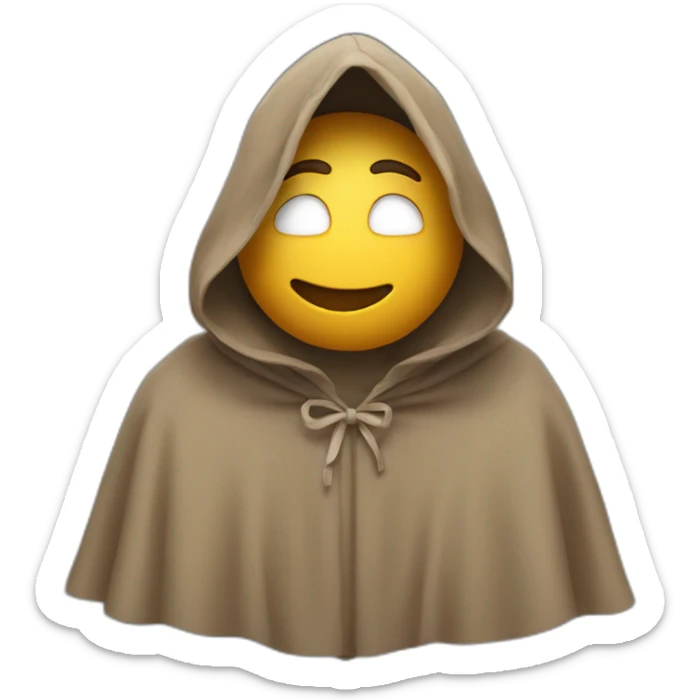 Guy with a hood covering his face, smiling and holding his hands together in a large droopy cloak sticker
