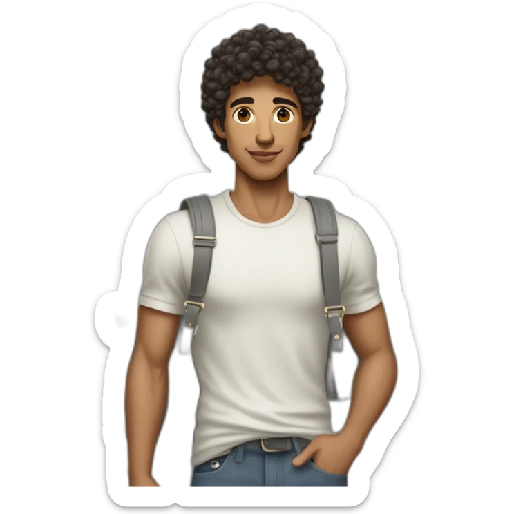 Handsome skinny latino with short curly hairs wearing a grey hermes Birkin bag sticker
