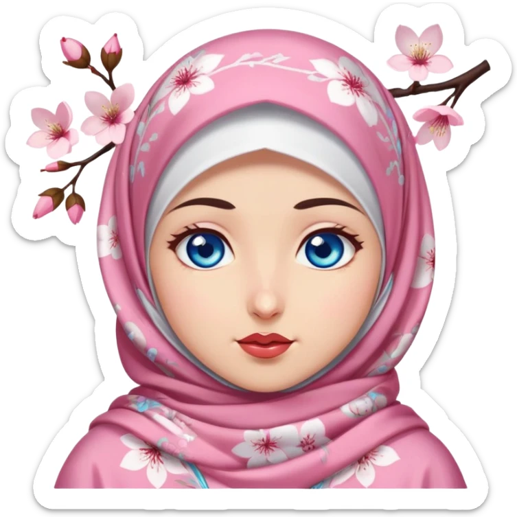 Turkish beautiful finish Konya girl blue eyes with cherry blossom floral hijab islamic dress and with yummy Drooling face sticker