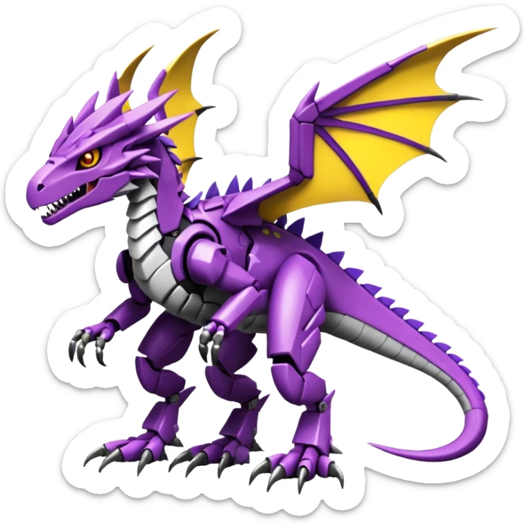 Cool Badass Purple Yellow Digimon-Fakemon-Guilmon-Velociraptor-Dragon-Mecha full body sticker