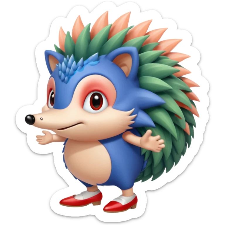 Blue hedgehog with red shoes and peach arms with large quills wave joint together eyeballs and green pupils sticker