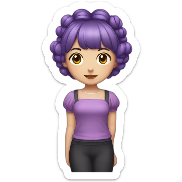 Girl with short purple hair. In her hair she has two balls odango-shaped pigtails. The girl's hair is styled in a hime cut. She has a medium brown skin.  sticker