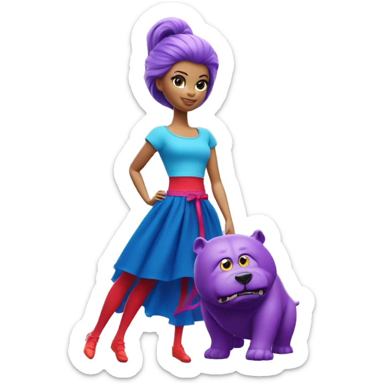 A Barbie with purple hair ,fighting a monster wearing blue T-shirt,red tights and elongated blue chiffon skirt sticker