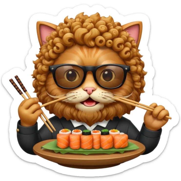 HAPPY CAT WITH CURLY HAIR AND A BIG BEARD wearing sunglasses and eating sushi sticker