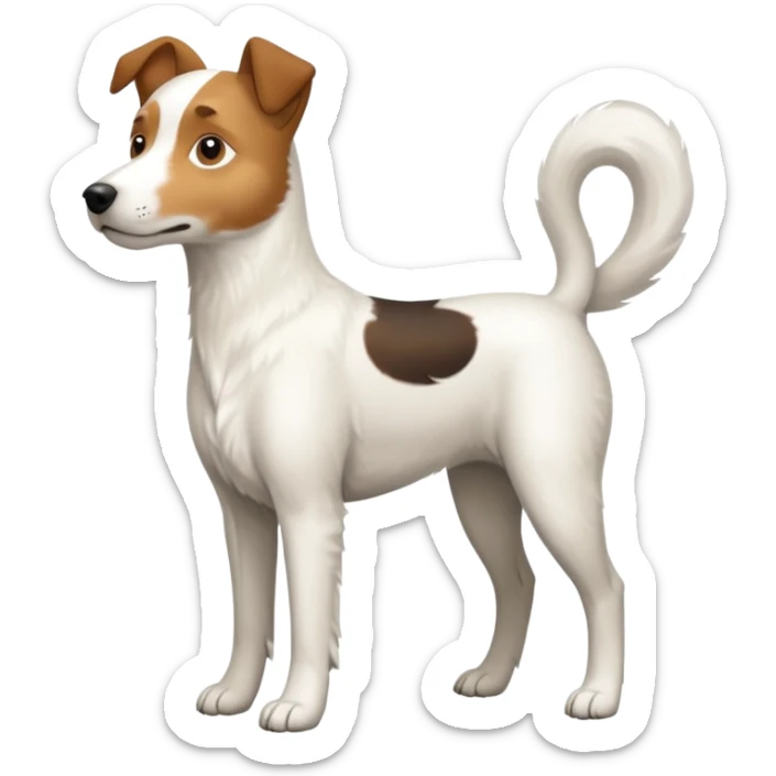 a full body large white parson russell looking dog the size of a kelpie with light brown ears and a light brown patch on one eye and a large snout sticker