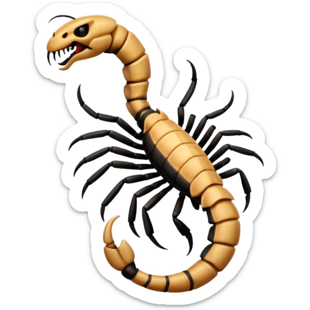 A 3D cartoon scorpion tattoo on a forearm, black ink, detailed stinger and claws, soft lighting, Memoji-style realism. sticker