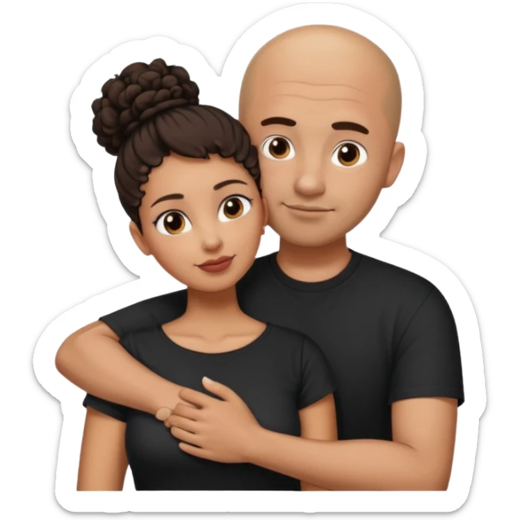 A picture of a tanned couple embracing. the man is a Mexican man with tanned skin, a bald hair cut, short beard and wearing a black shirt. the woman is mixed, with curly dark brown hair in a big messy bun and with big boobs  sticker