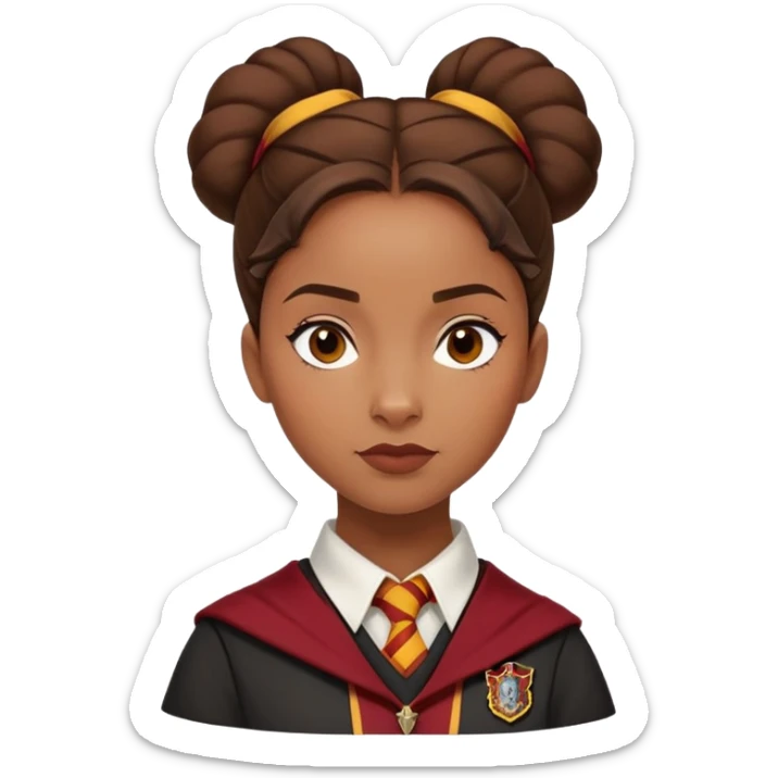 Angelina Johnson in harry potter, wear hogwarts gryfindor uniform,  thick, brown bun hair , reflecting her bold, stylish, and strong personality sticker