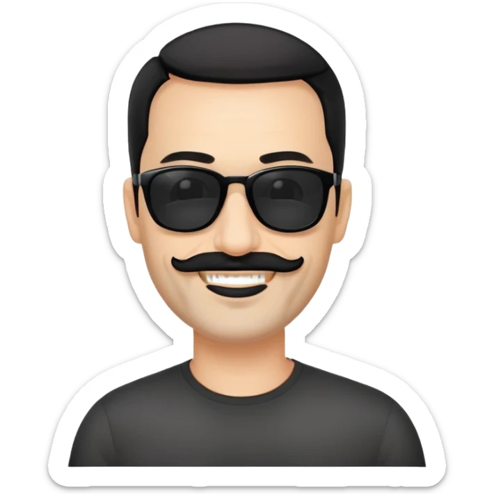 đàn ông 50 tuổi, da trắng, có râu ria đen. đeo kính đen, tóc đen ngắn, cười mỉm sticker