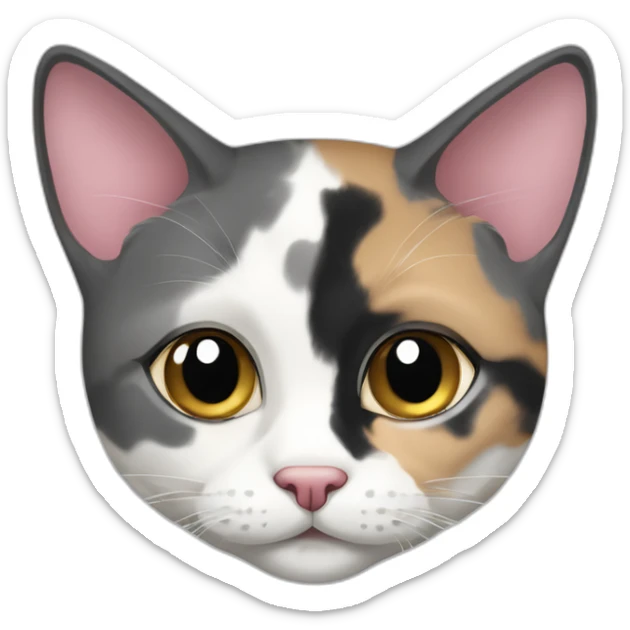 senior round diluted calico cat, white chin, black and pink nose, grey ears, grey and white sticker