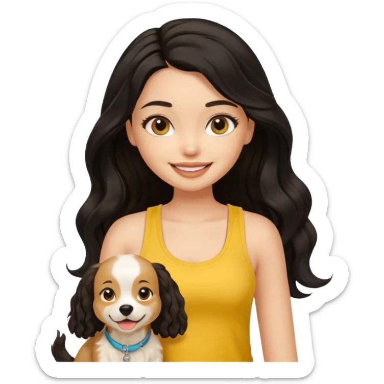 brown pretty bratz girl with long wavy black hair, wearing a yellow tank top with a dog sticker