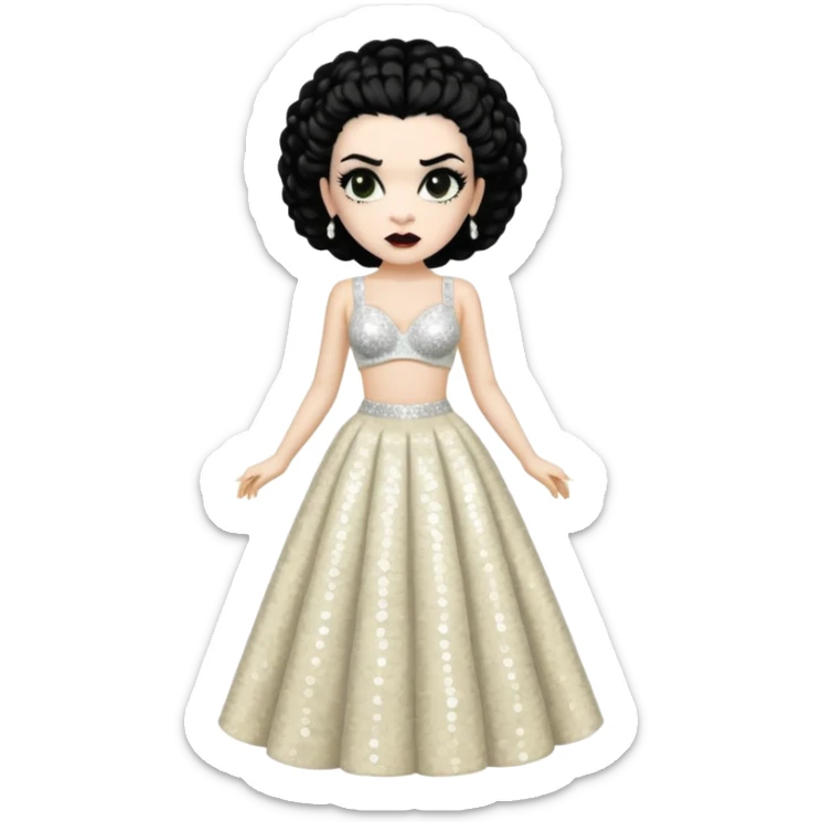 Bride of Frankenstein with black hair, ivory sequin bra, ivory sequin long skirt  sticker