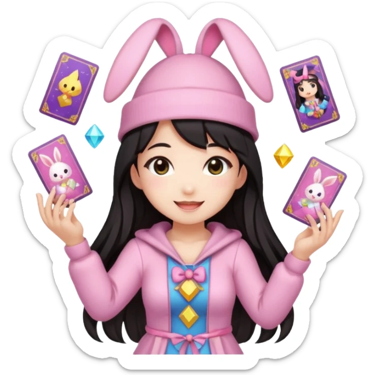 pixel art chibi asian girl with dark long hair in pink bunny ears hat magical girl with kawaii tarot cards thrown in air pixel emoji sticker