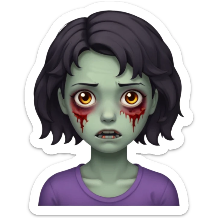 Zombie girl with bruises, she has a dark short wavy hair, she has a tired expression and dark eyes, she has dark circles too sticker