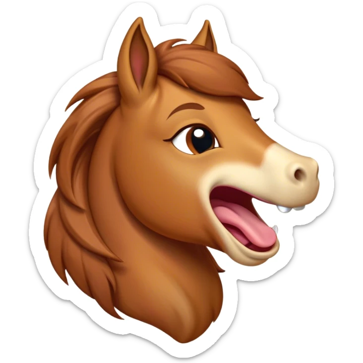 Cinematic Cute Yawning Chestnut Horse Portrait Emoji, Head tilted slightly with a dramatic, wide-open yawn, revealing a smooth chestnut fur with a subtle shimmer, floppy ears slightly drooping, round amber eyes barely open in drowsy contentment, Simplified yet irresistibly adorable features, highly detailed, glowing with a soft, cozy glow, high shine, relaxed yet expressive, stylized with a touch of equine whimsy, bright and endearing, soft glowing outline, capturing the essence of a sleepy yet affectionate horse, so drowsy it feels like it could stretch out of the screen and curl up for a nap! sticker