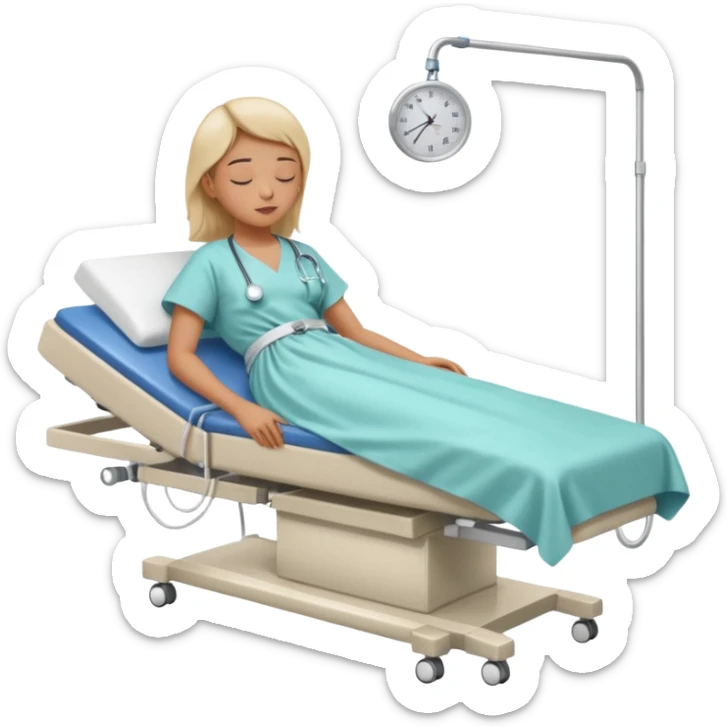 A patient lying on a medical examination bed with eyes closed, seen in a wider, full-body view, preparing to undergo a colonoscopy procedure in a clean hospital environment. sticker