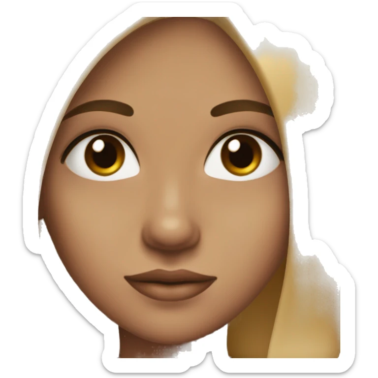A girl with a round face, but beautiful. Straight hair slightly below the shoulders, parted to the right, brown in color. Big brown eyes, a small bump on her nose, large lips, and beautiful cheekbones, with black, not thin, eyebrows. sticker