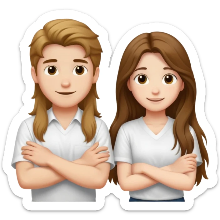 A boy and a long-haired girl crossed their arms over their chests - with a happy look on their faces - wearing white shirts sticker