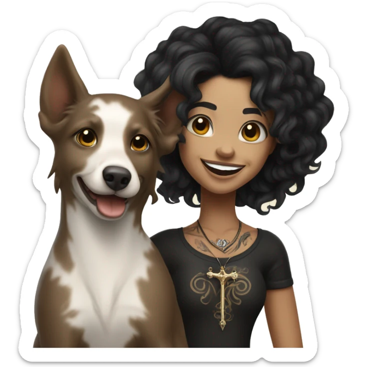 light skin woman with a face tattoo of a cross and long wavy black hair expressing joy alongide a white and brown miniature kelpie sticker