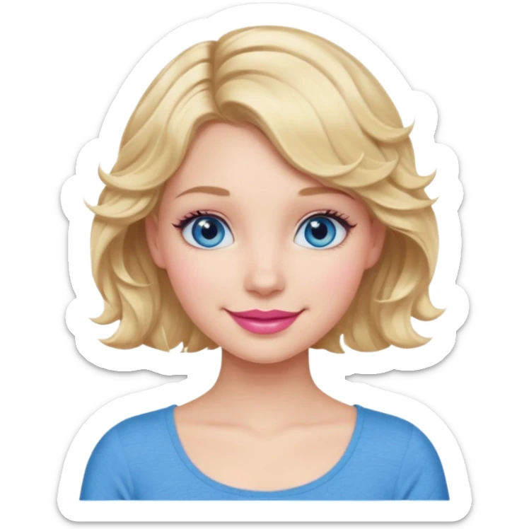 Girl Blonde short wavy hair,  blue eyes, cute blue top, long lashes, pink lips, smiling, 💁🏻‍♀️  sticker