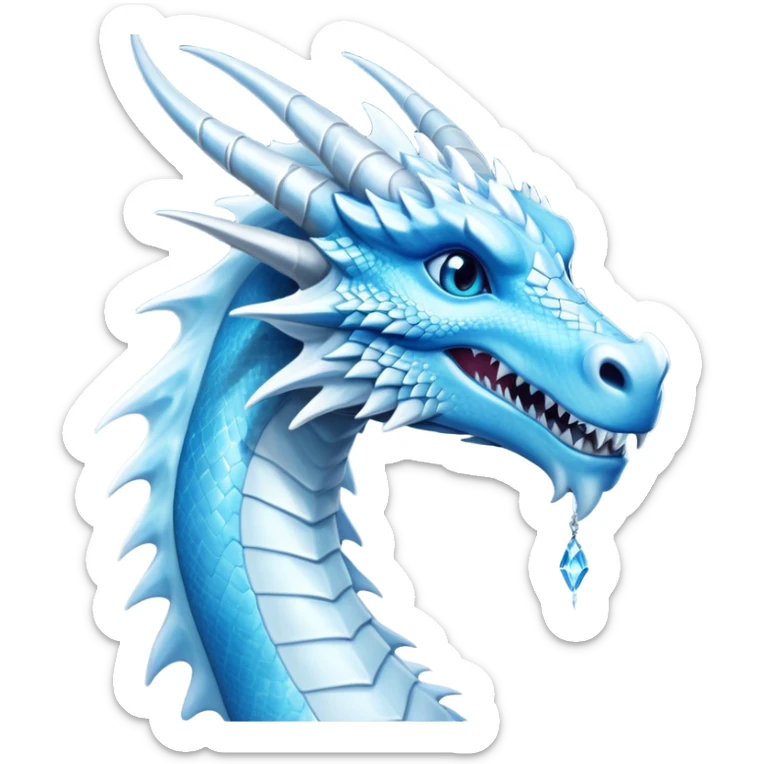 Cinematic Noble elegant Ice Dragon Portrait Emoji, Poised and imposing, distinct long elegant snout, with a slender, scaled body shimmering in glacial hues of icy blue, frostbitten silver, and crystalline white, breathing out frost, with piercing, glowing ice blue white eyes that radiate the chilling depths of an arctic storm; rendered in detail. sticker