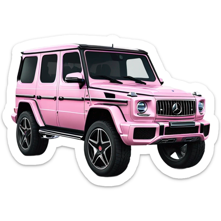 Mercedes-Benz G63 AMG in elegant light pink, shown from the side with the front logo visible. Use bold outlines, black details, a glossy finish sticker