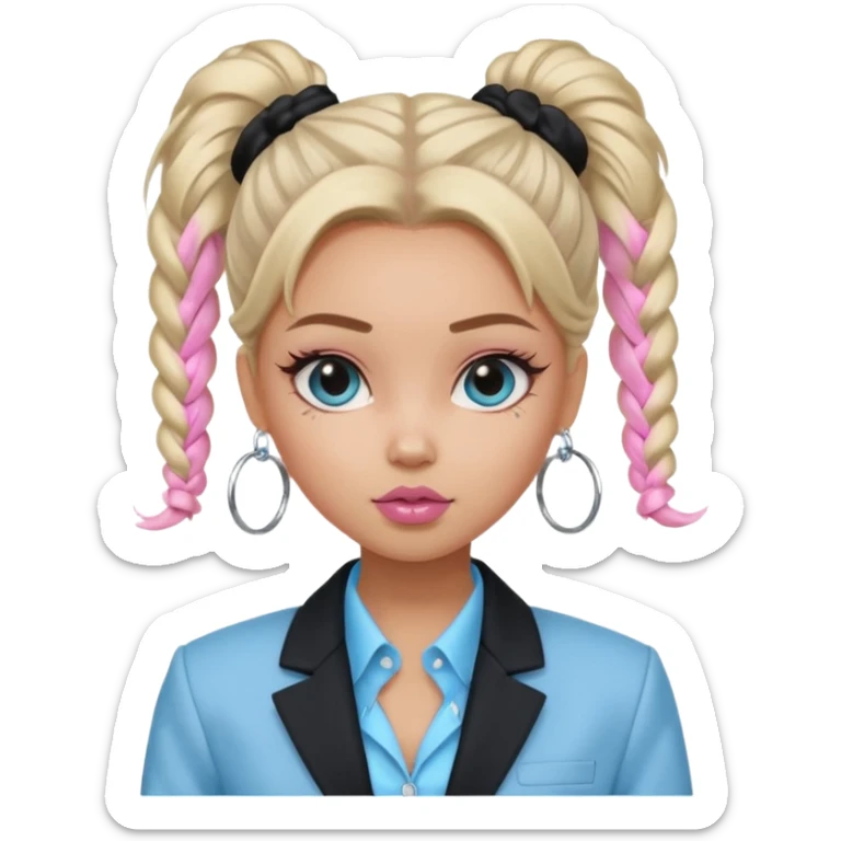 generate a pretty bratz girl wearing a light blue full sleeve shirt, silver small hoops, pink lipgloss, black blazer, hair tied up sticker