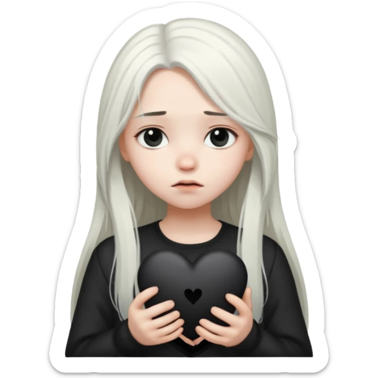 A girl with long white hair is sad and holds a black heart in her hands sticker