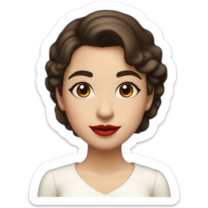 A girl with curved brown eyebrows, dark brown hair, bushy eyelashes, a high nose bridge, red lips, a white skirt with a swing neck, a fair complexion, and a smile sticker