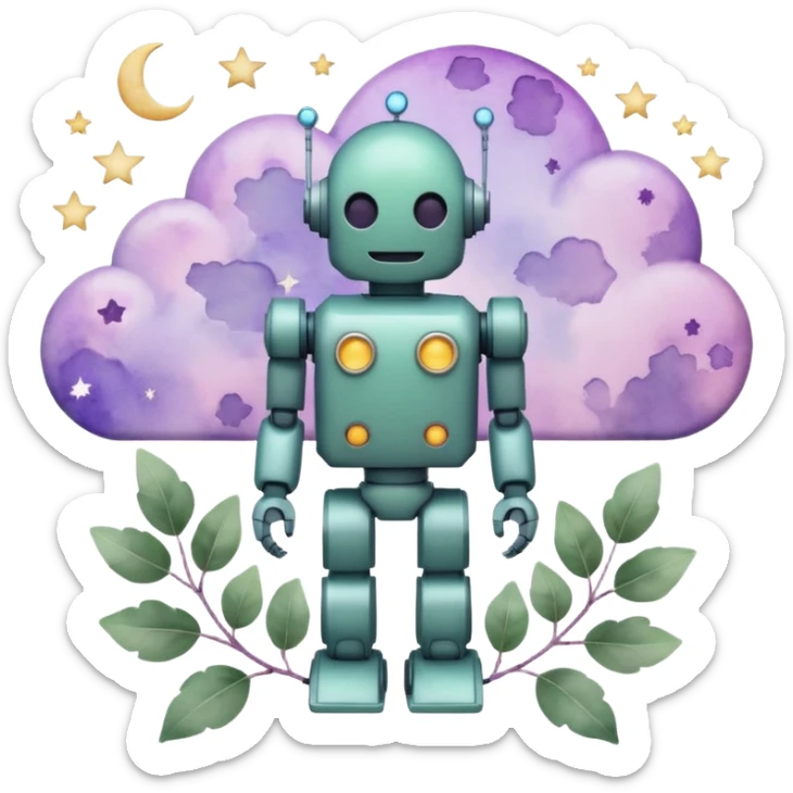 watercolor-style emoji of robot silhouette with “AI” inside a lilac cloud, connected to a soft circuit shape. gentle pastel palette (sage green, blush, lilac), surrounded by leaves, moon, and stars — poetic and calm aesthetic. sticker