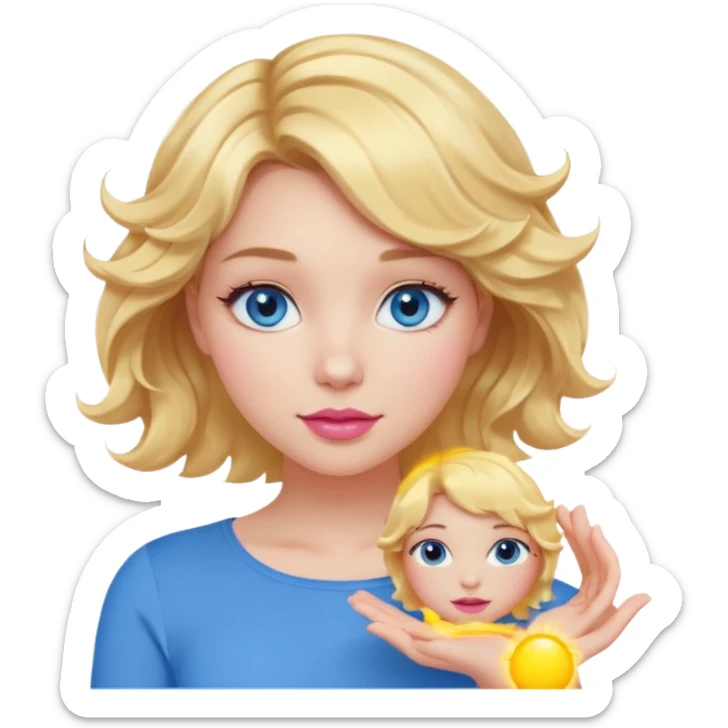 Girl Blonde short wavy hair,  blue eyes, cute blue top, long lashes, pink lips, holding the sun   sticker