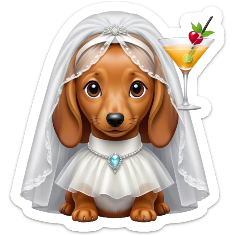 A girl Dachshund dog ￼with a bridal veil and cocktail sticker
