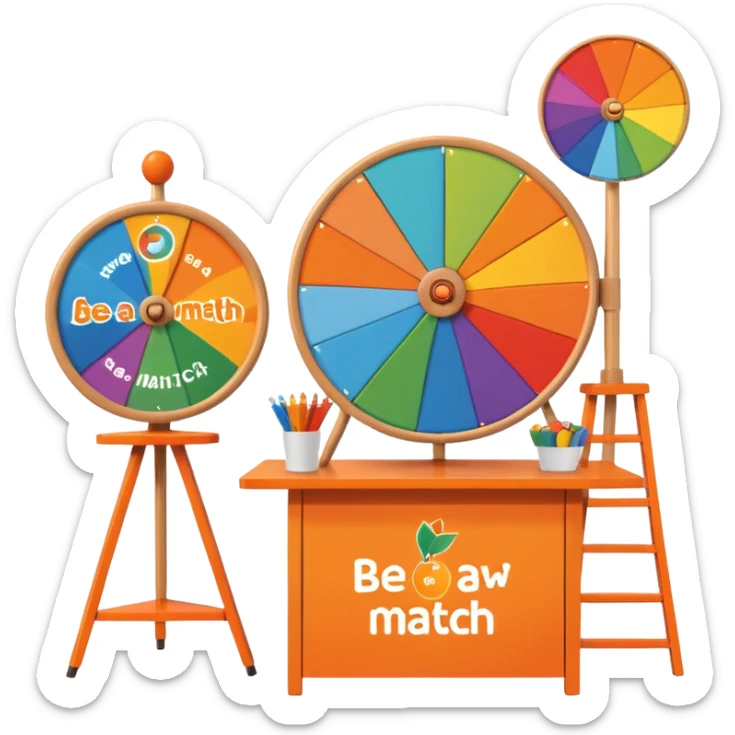 emoji of a recruitment booth. Two cartoon figures stand behind an orange table with 'MARROW, be a match' branding, a colorful spinning wheel, and a branded vertical banner. Simplified and cute. No fruit sticker