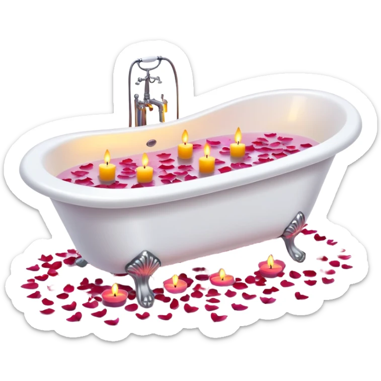 A white bathtub with warm water, with flower petals and scented candles, romantic lush warm colors sticker