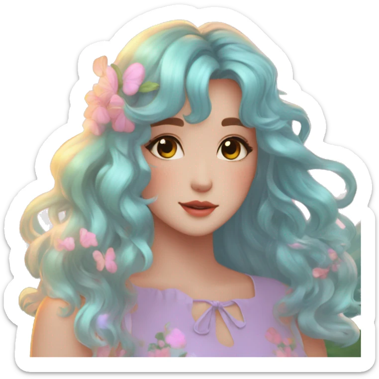 Dreamy pretty shiny colorful girl in nature pastelcore kawaii beautiful hair cottagecore accessories trending aesthetic sticker