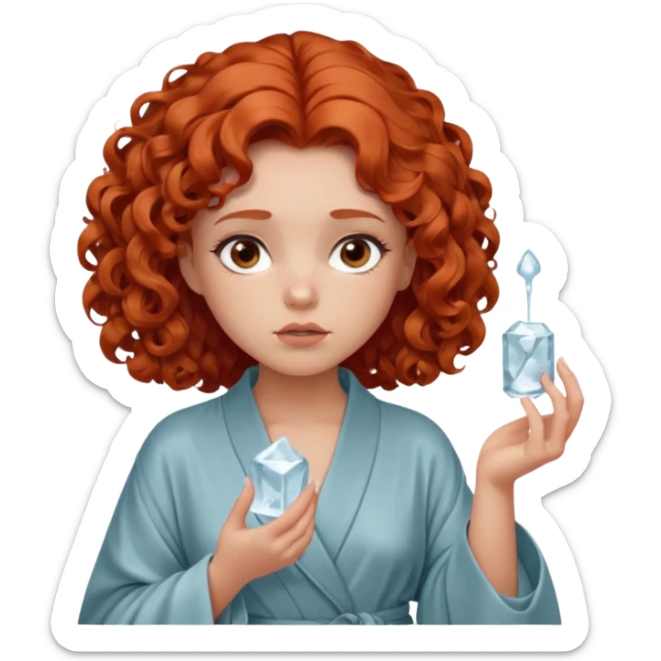 Cartoon emoji of a girl with voluminous curly red hair, fair skin, warm brown eyes. Wearing a chic milky silk robe with long sleeves, no makeup. Portrait mode, holding a ice cube, looking doubtful and unsure. Smooth, simple, stylized." sticker