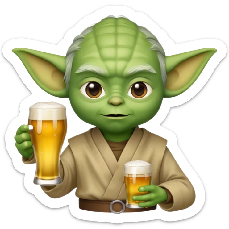 3D emoji-style Yoda head holding a beer glass in one hand. Smooth rounded shapes, soft gradients, friendly expression. Golden beer with foam in transparent glass. Close-up, centered. PNG, transparent background. sticker