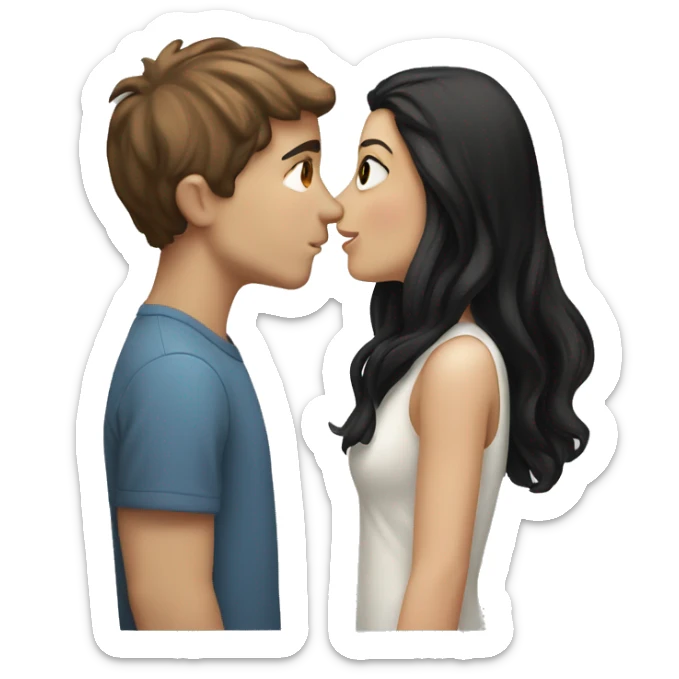 White boy with short brown hair couple kiss white girl with long black hair sticker