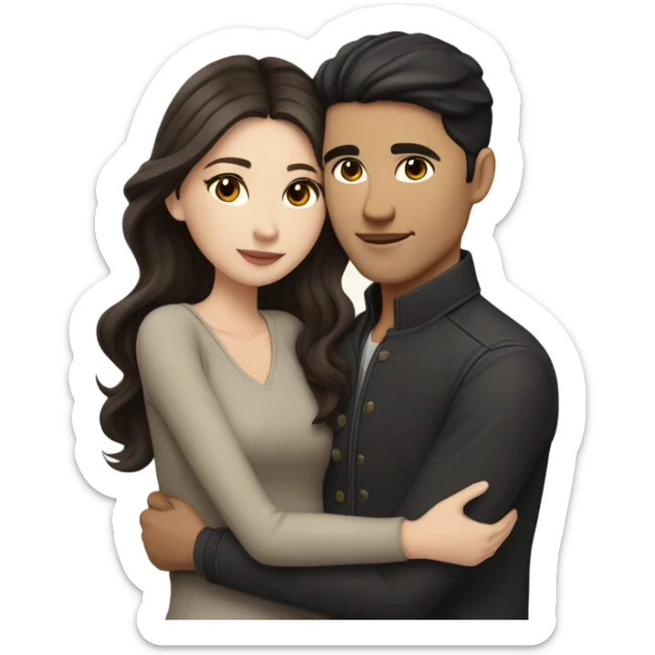 A pale half Asian man with short dark hair and amber eyes embracing and loving a white woman with long wavy brunette hair and dark hazel eyes. They love each other a lot And have good fashion taste and are hugging each other tight  sticker