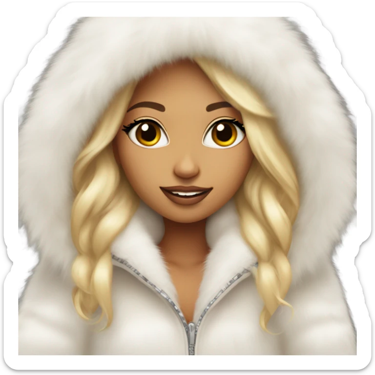 Tanned Girl with lashes , blonde hair, in an extremely big fluffy oversized white fur coat with hood on. The fur is real and it’s very obvious big and fluffy like in Pinterest  sticker