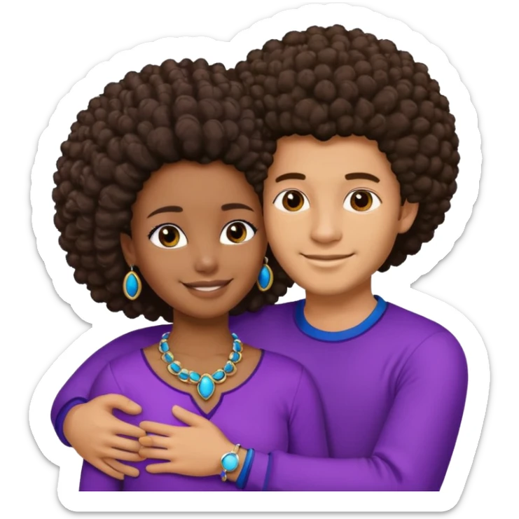 Tan male with short straight, light wavy hair, smiling and hugging a darkblack African  girl with Afro in purple clothes with blue jewelry sticker